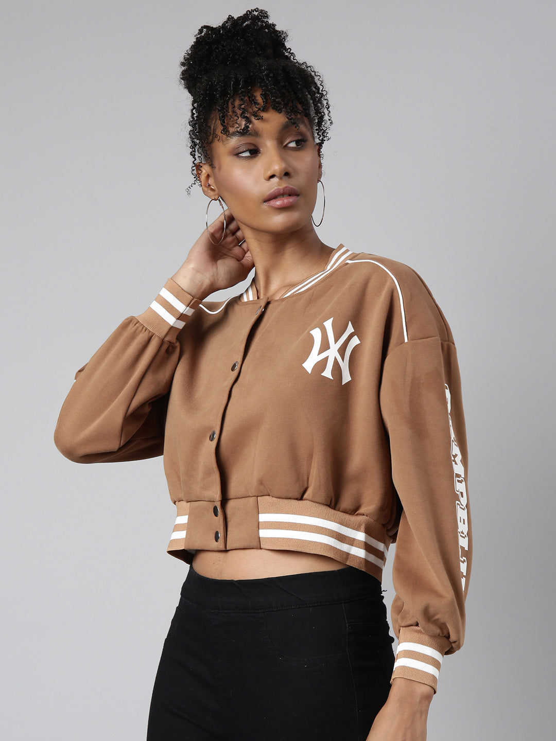 Typography Brown Crop Oversized Drop Shoulder Varsity Jacket