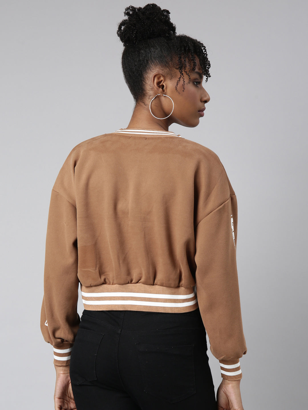 Typography Brown Crop Oversized Drop Shoulder Varsity Jacket