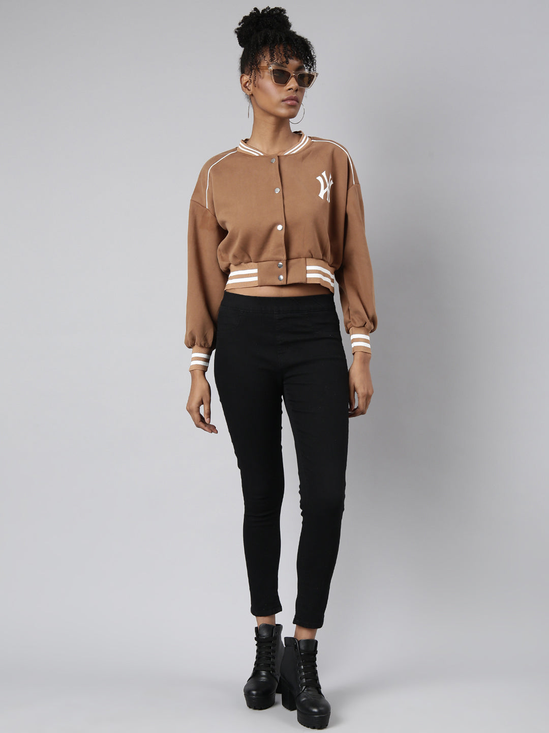 Typography Brown Crop Oversized Drop Shoulder Varsity Jacket