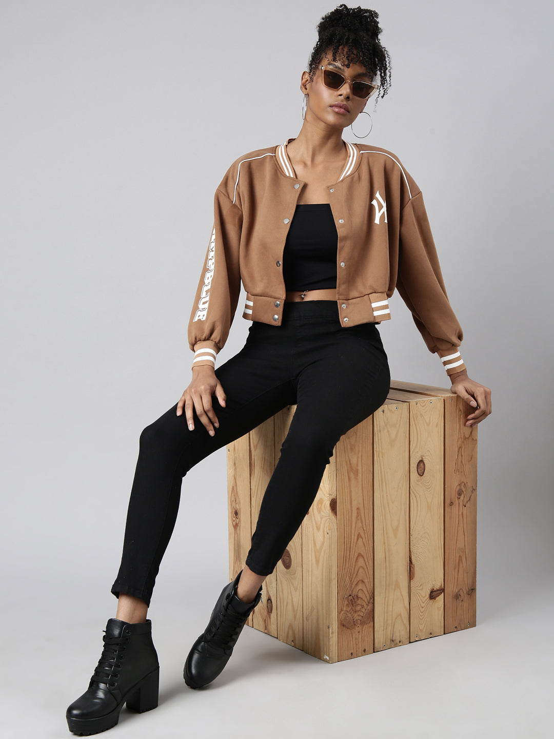 Typography Brown Crop Oversized Drop Shoulder Varsity Jacket