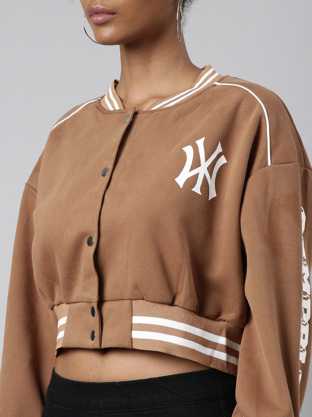 Typography Brown Crop Oversized Drop Shoulder Varsity Jacket