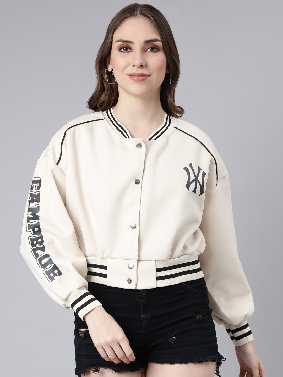 Typography Cream Crop Oversized Drop Shoulder Varsity Jacket