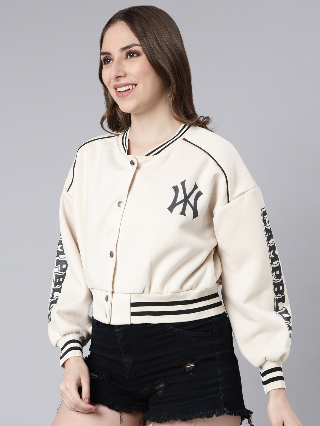 Typography Cream Crop Oversized Drop Shoulder Varsity Jacket