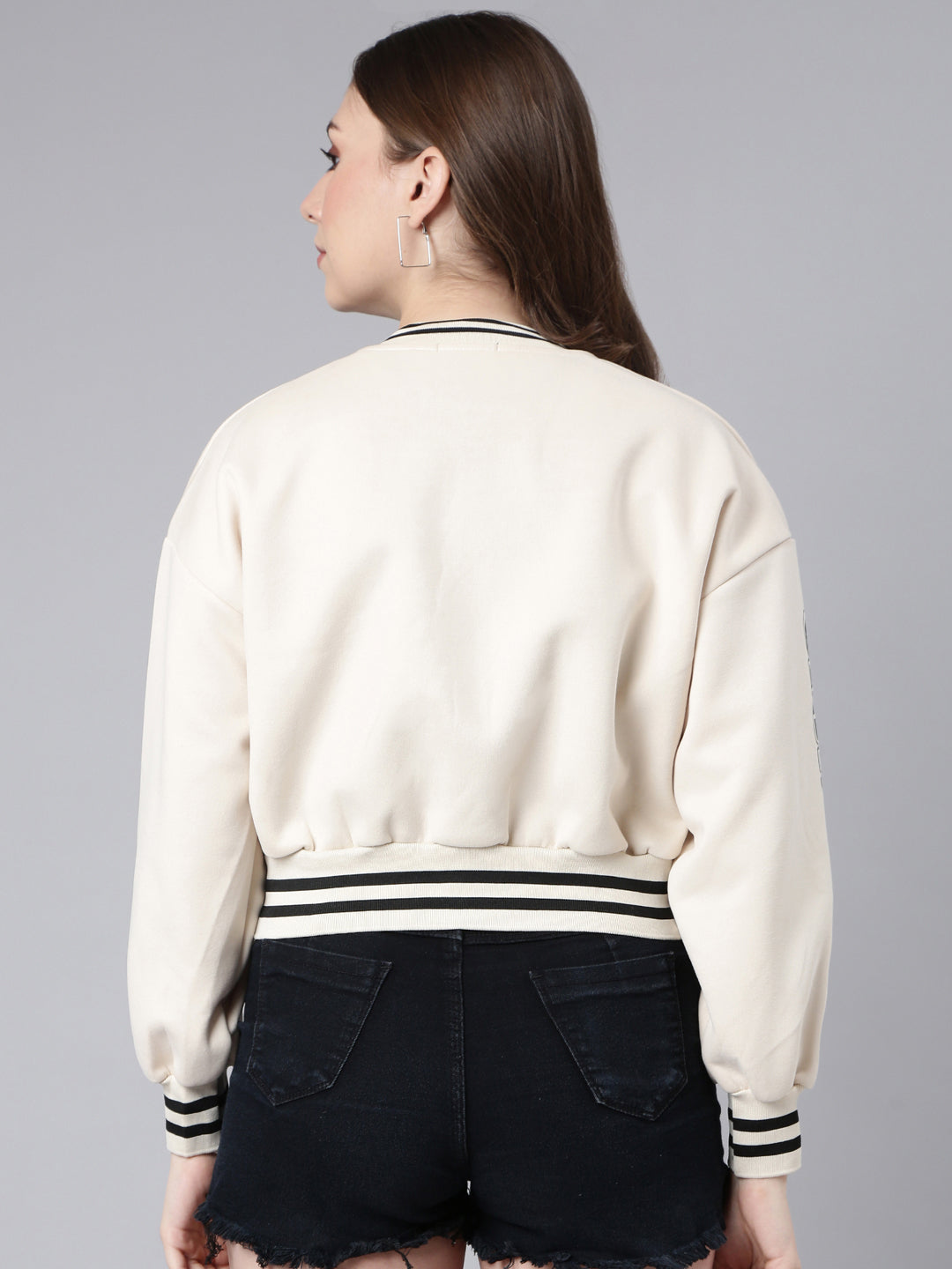 Typography Cream Crop Oversized Drop Shoulder Varsity Jacket