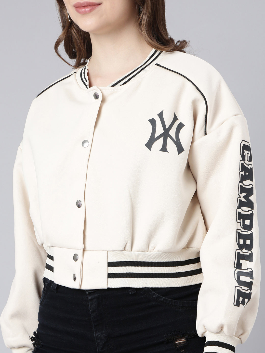 Typography Cream Crop Oversized Drop Shoulder Varsity Jacket