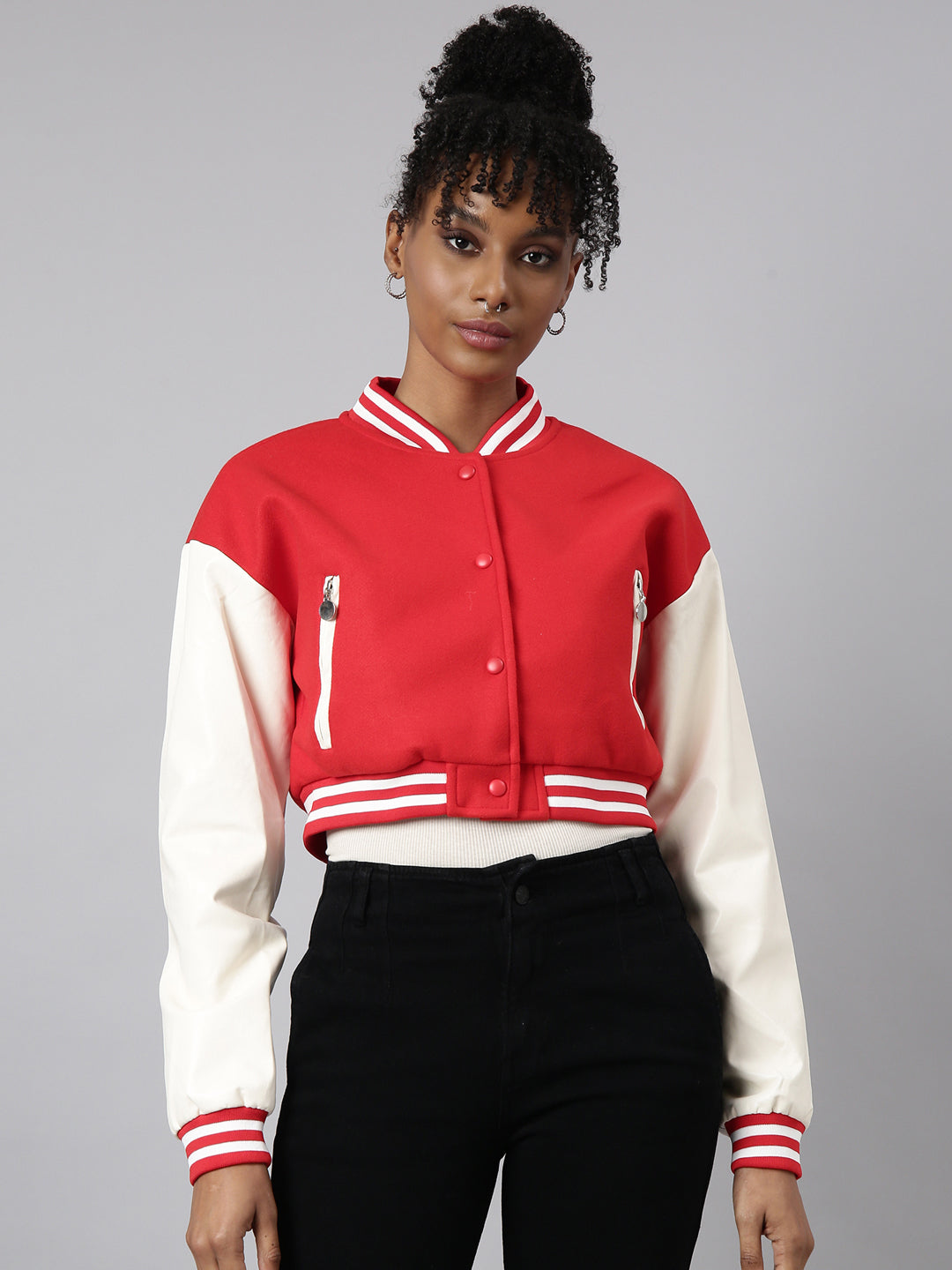 Red Colour blocked Crop Oversized Varsity Jacket