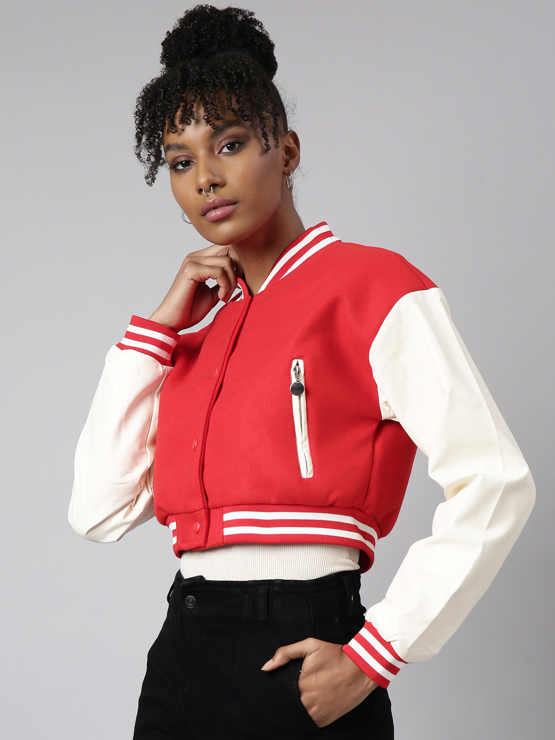Red Colour blocked Crop Oversized Varsity Jacket