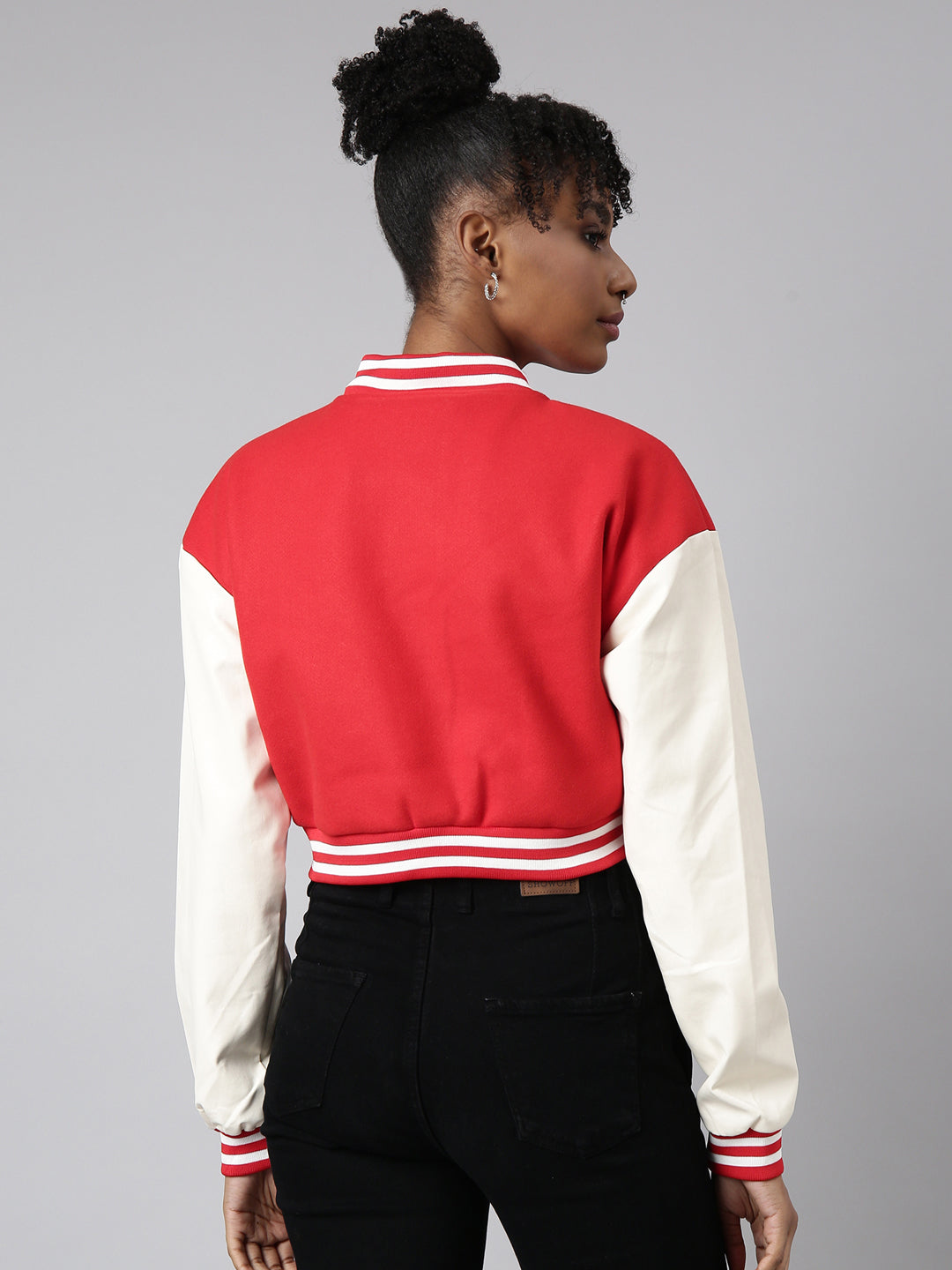 Red Colour blocked Crop Oversized Varsity Jacket
