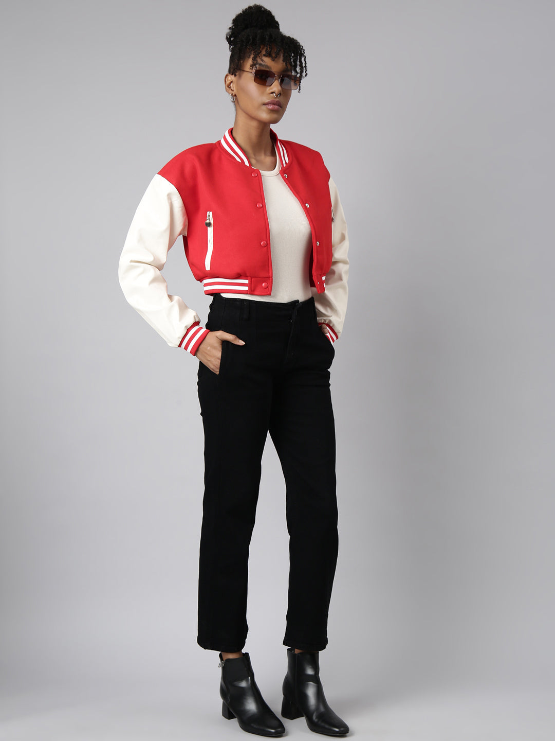 Red Colour blocked Crop Oversized Varsity Jacket