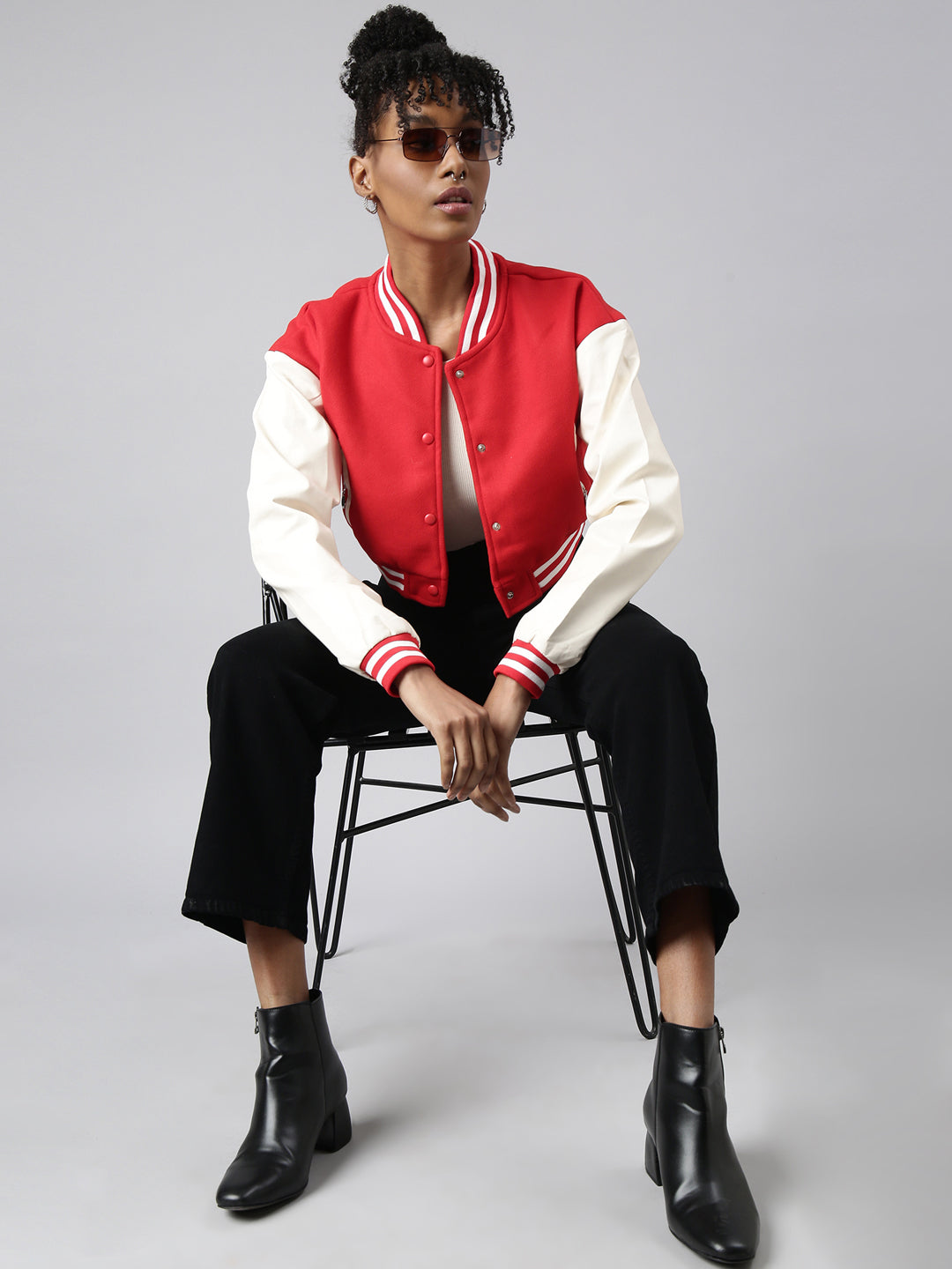 Red Colour blocked Crop Oversized Varsity Jacket