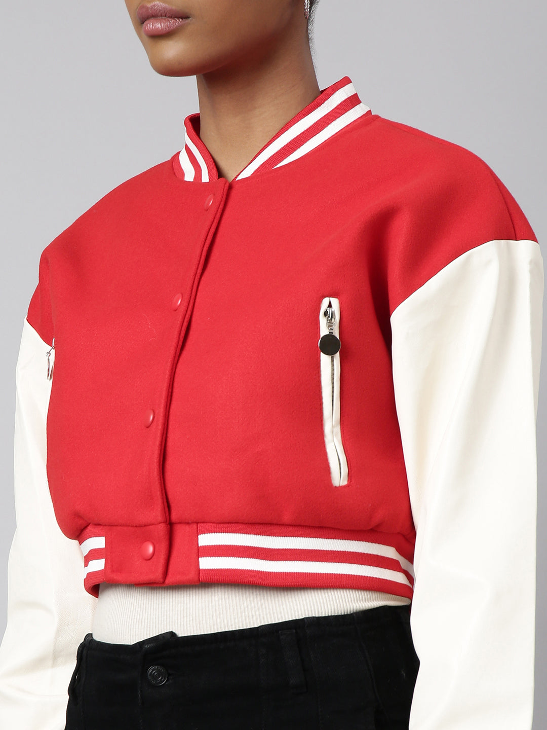 Red Colour blocked Crop Oversized Varsity Jacket
