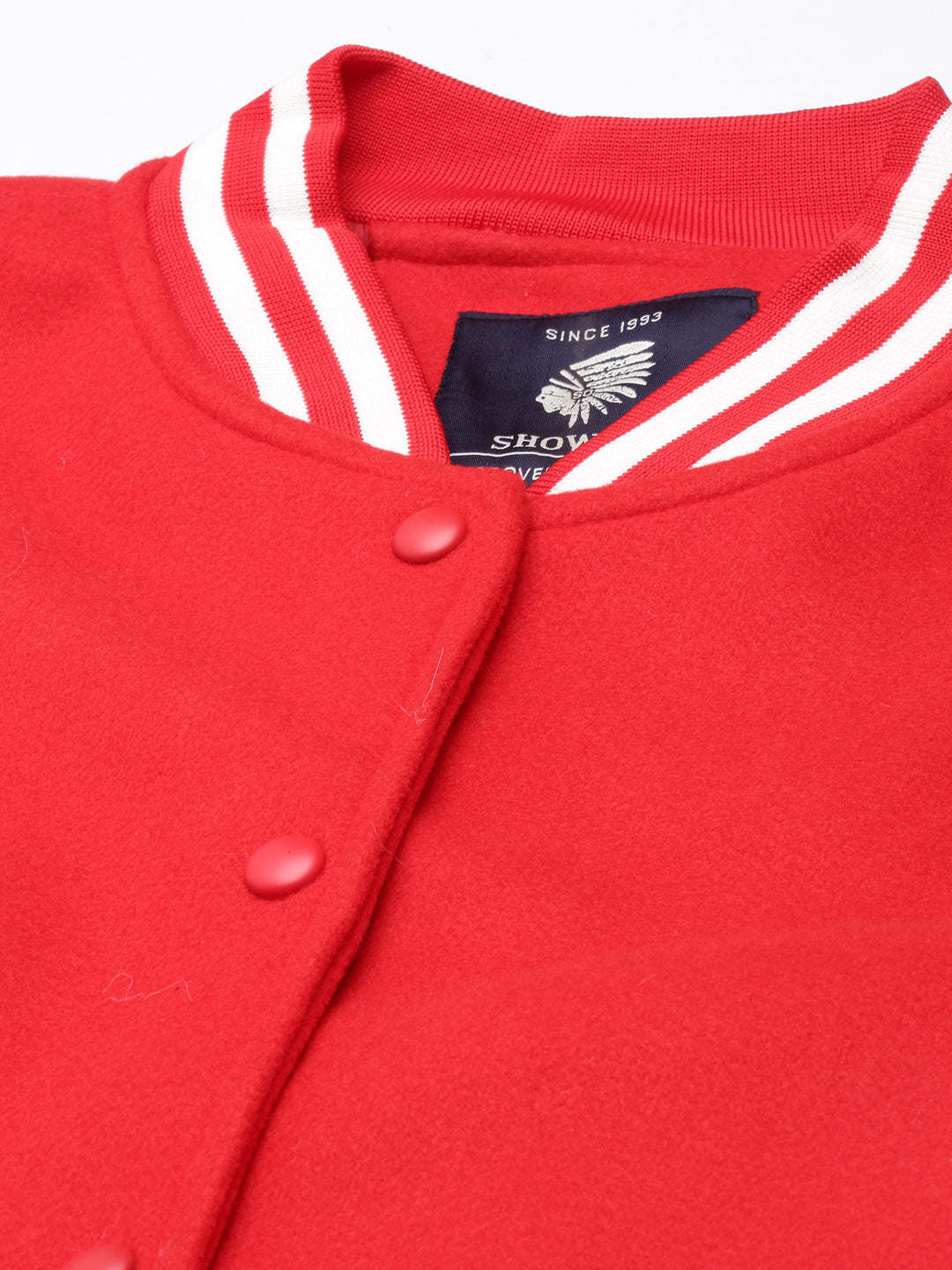 Red Colour blocked Crop Oversized Varsity Jacket