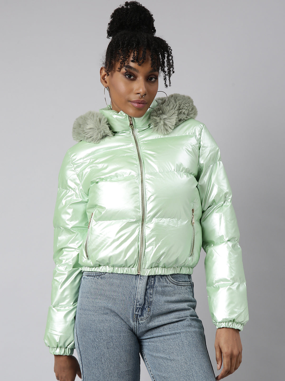 Green Hooded Puffer Jacket with Detachable Hood