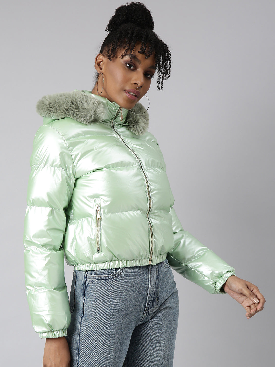 Green Hooded Puffer Jacket with Detachable Hood