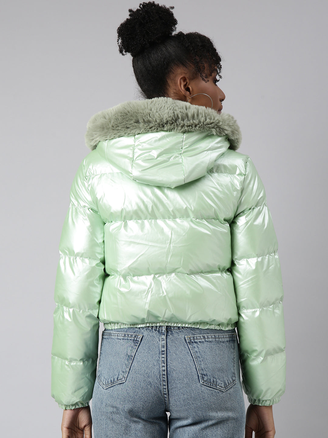 Green Hooded Puffer Jacket with Detachable Hood