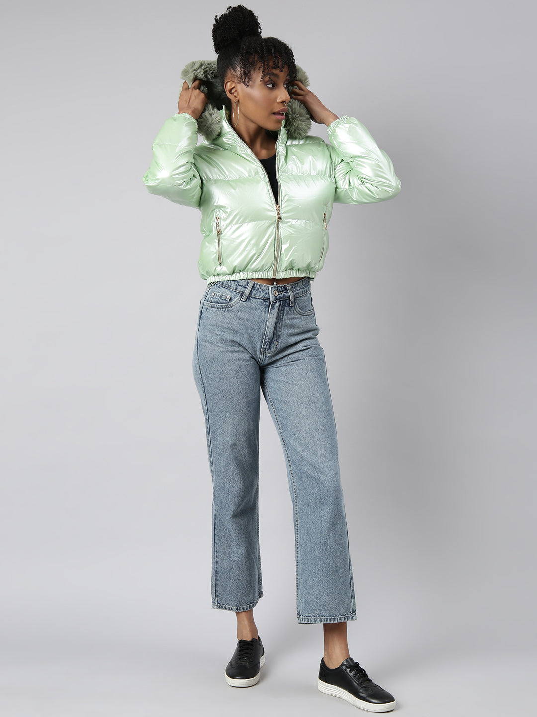 Green Hooded Puffer Jacket with Detachable Hood