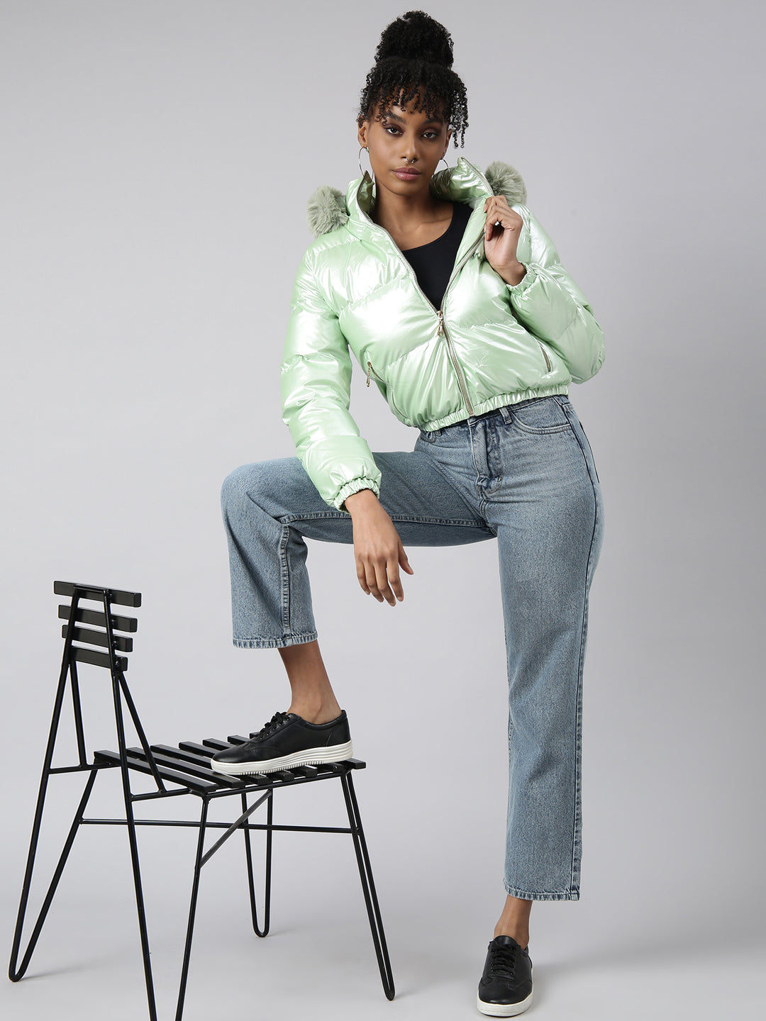 Green Hooded Puffer Jacket with Detachable Hood
