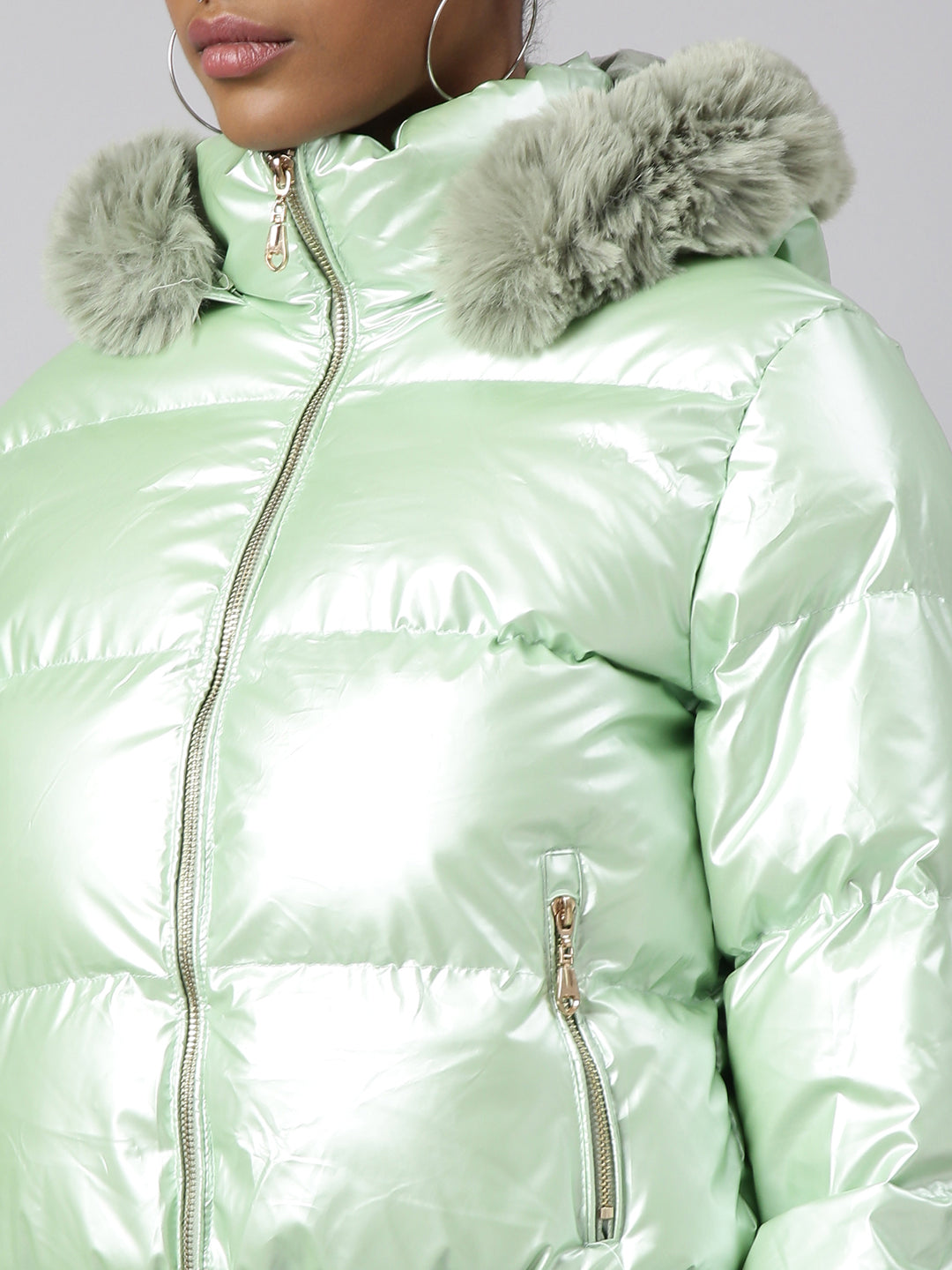 Green Hooded Puffer Jacket with Detachable Hood