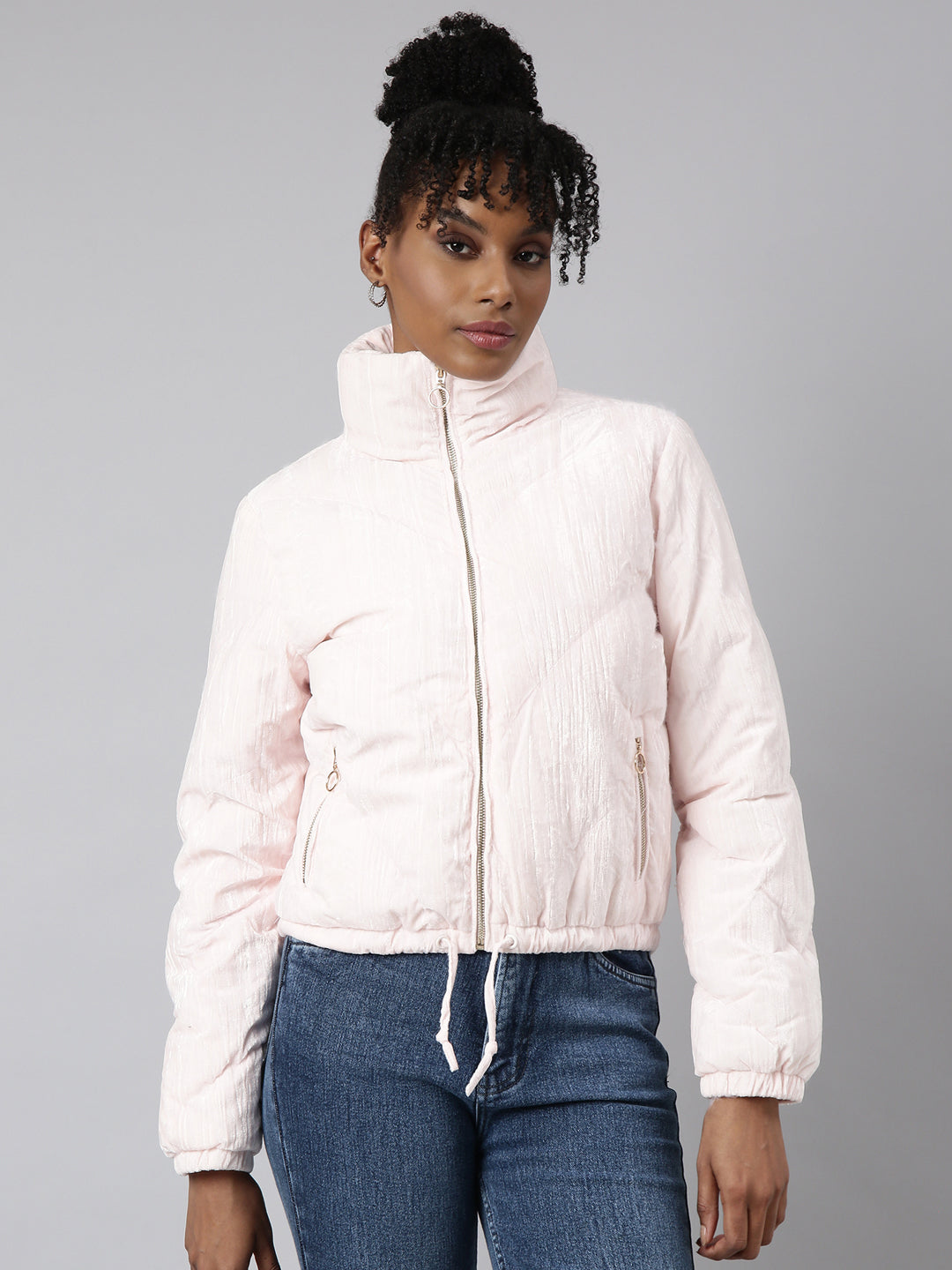 Pink Mock Collar Fleece Puffer Jacket