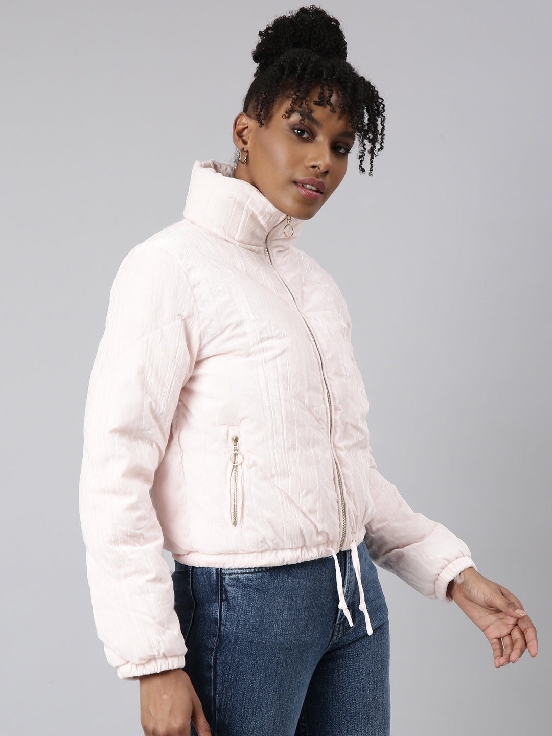 Pink Mock Collar Fleece Puffer Jacket