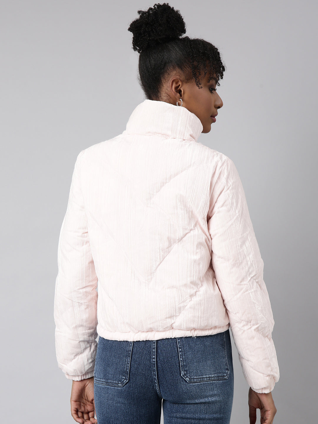 Pink Mock Collar Fleece Puffer Jacket