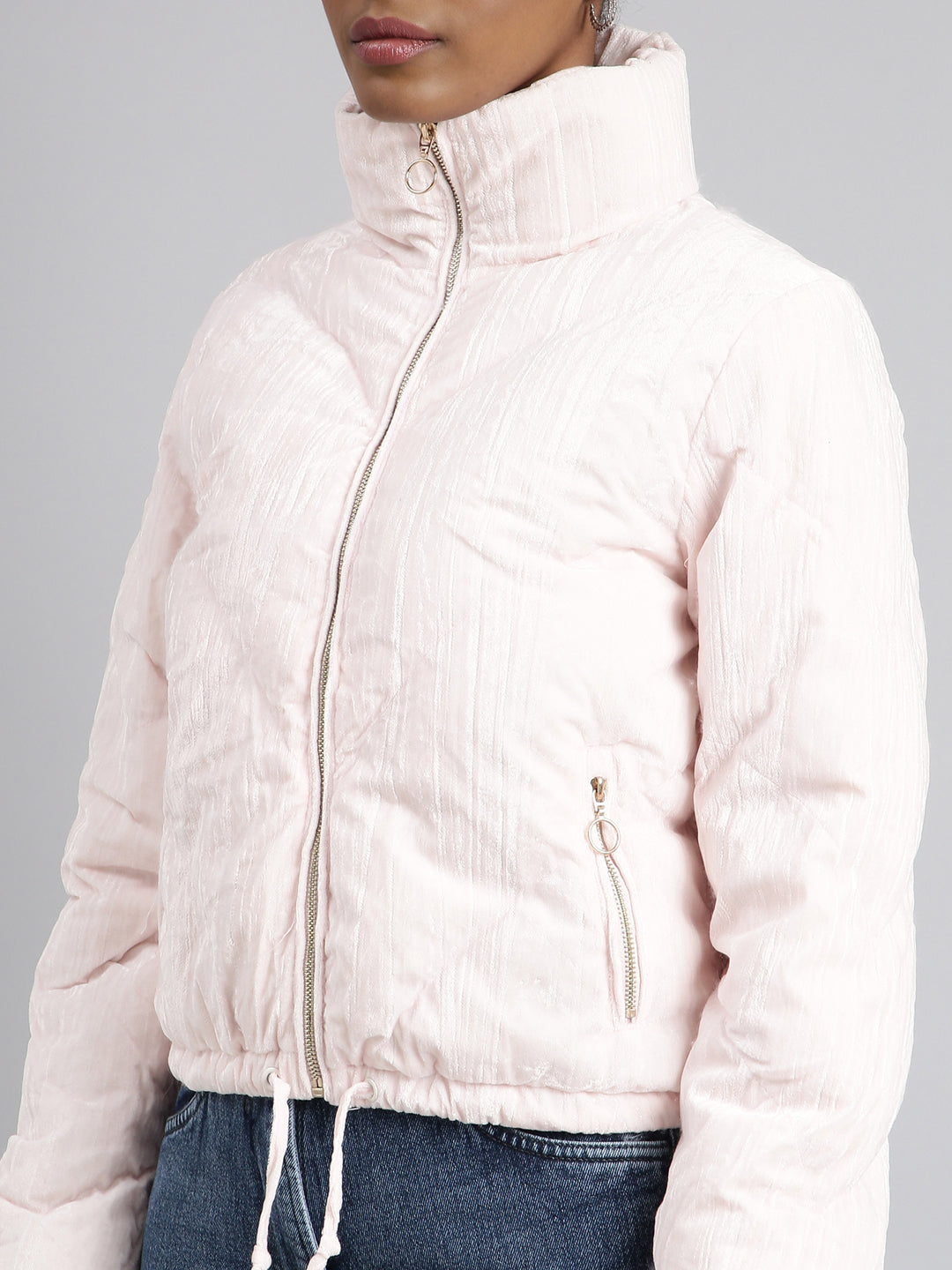 Pink Mock Collar Fleece Puffer Jacket