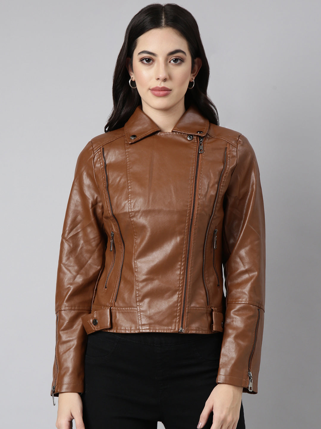Brown Spread Collar Crop Biker Jacket