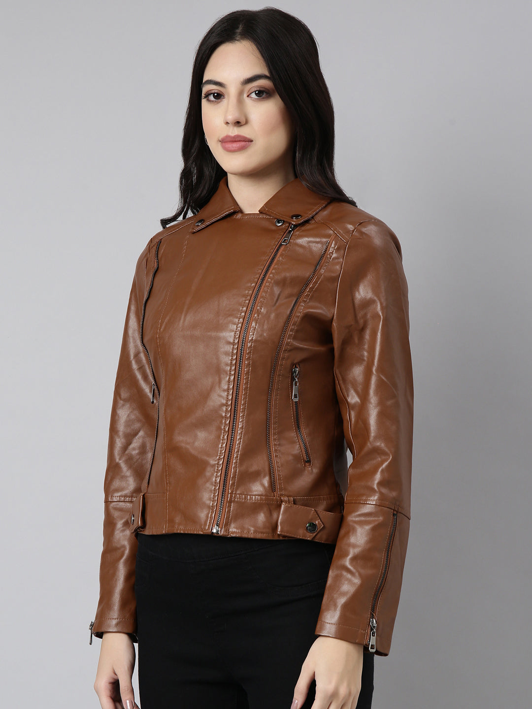 Brown Spread Collar Crop Biker Jacket