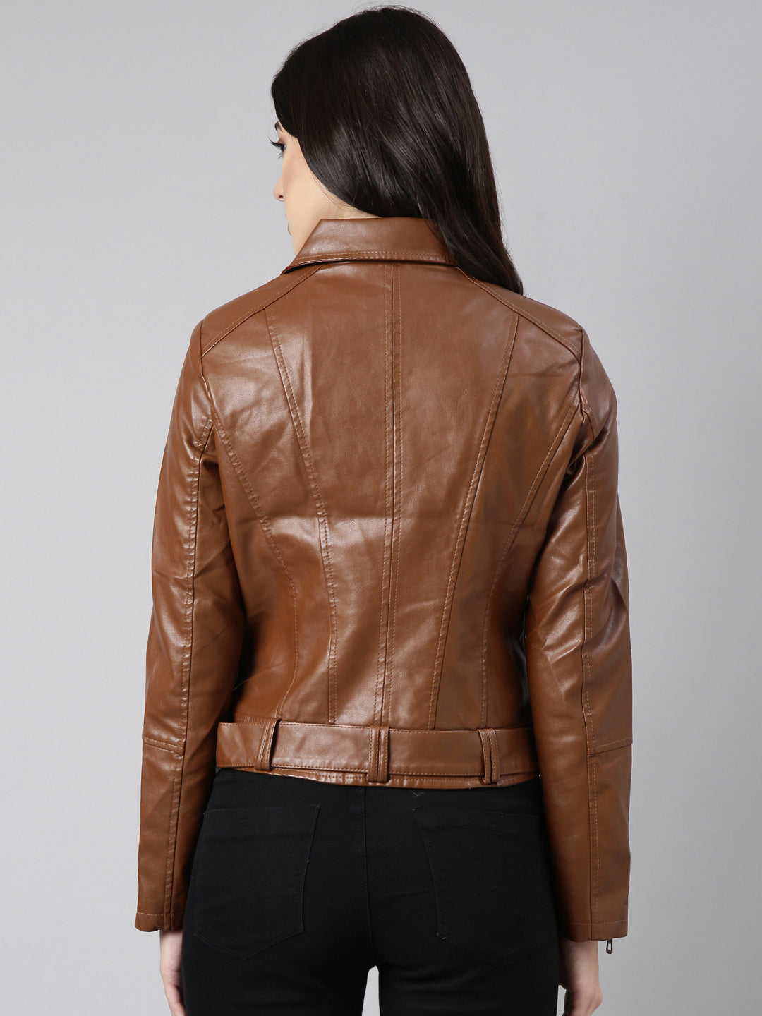 Brown Spread Collar Crop Biker Jacket