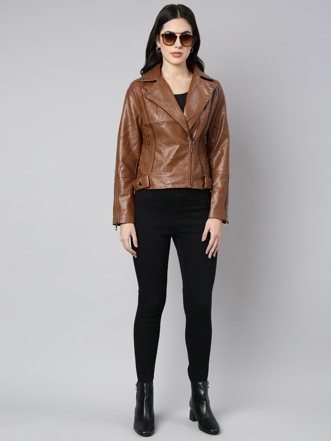 Brown Spread Collar Crop Biker Jacket