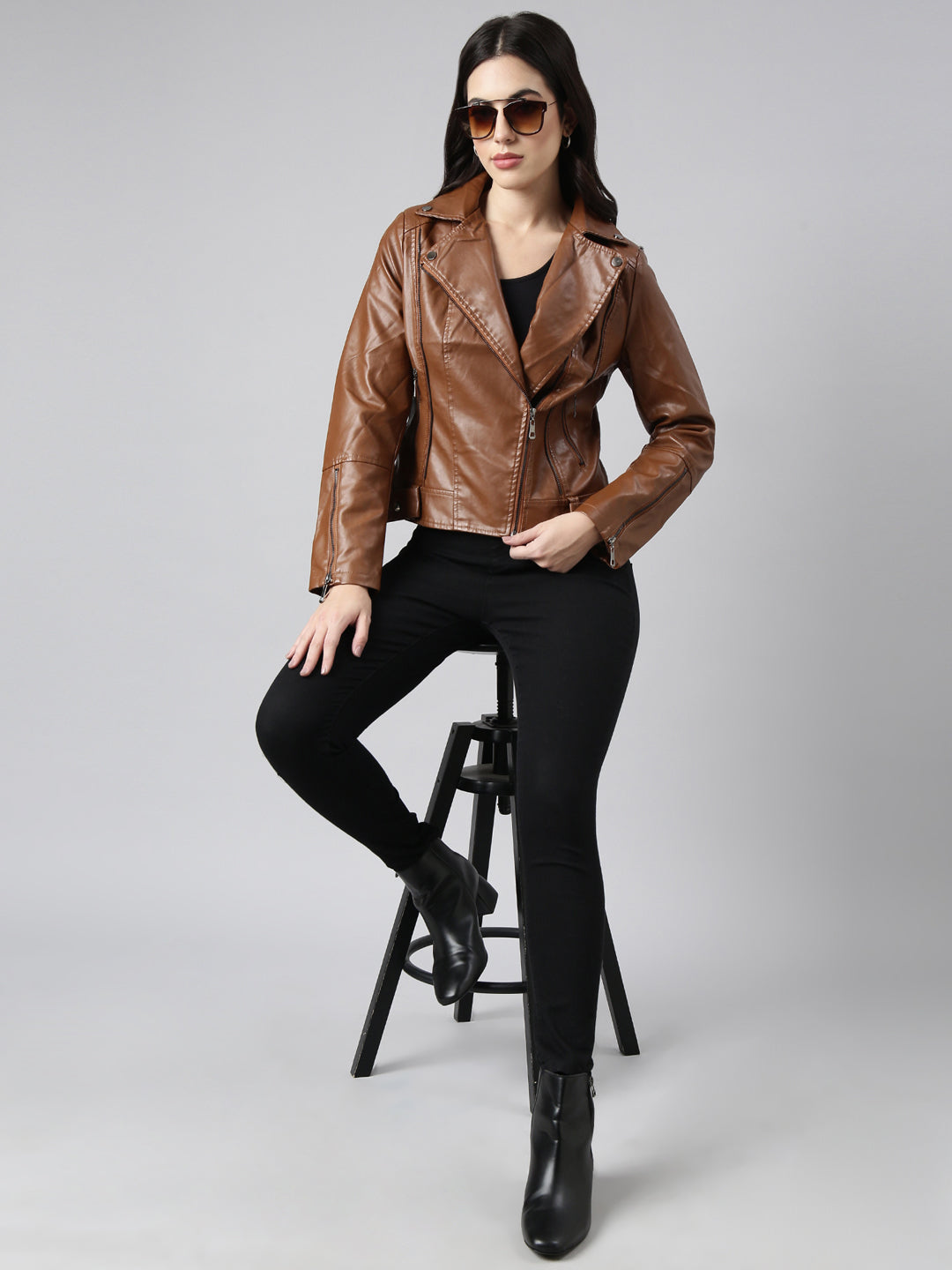 Brown Spread Collar Crop Biker Jacket