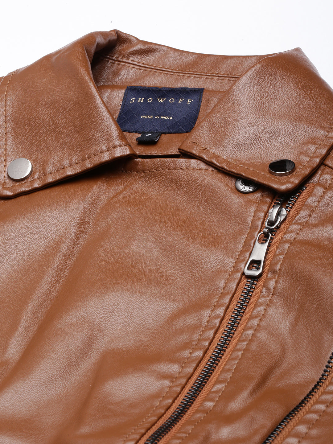 Brown Spread Collar Crop Biker Jacket