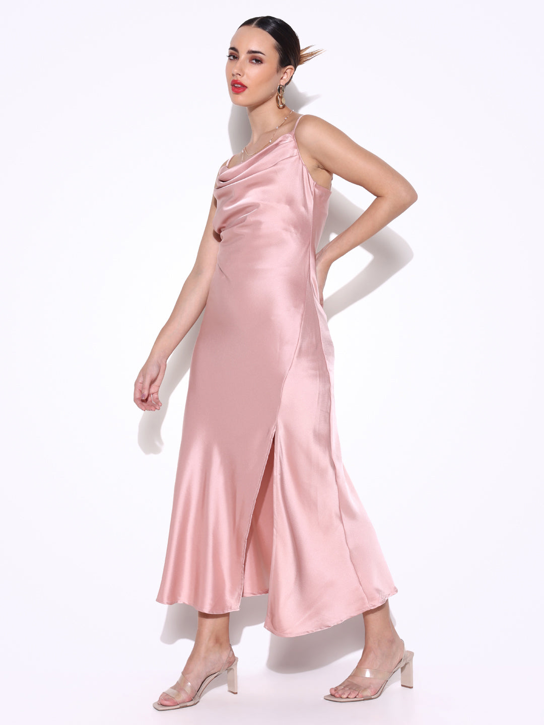 Pink Satin Cowl Neck Slip Dress with Side Slit