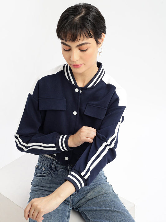 Navy Blue Striped Windcheater Crop Quilted Jacket