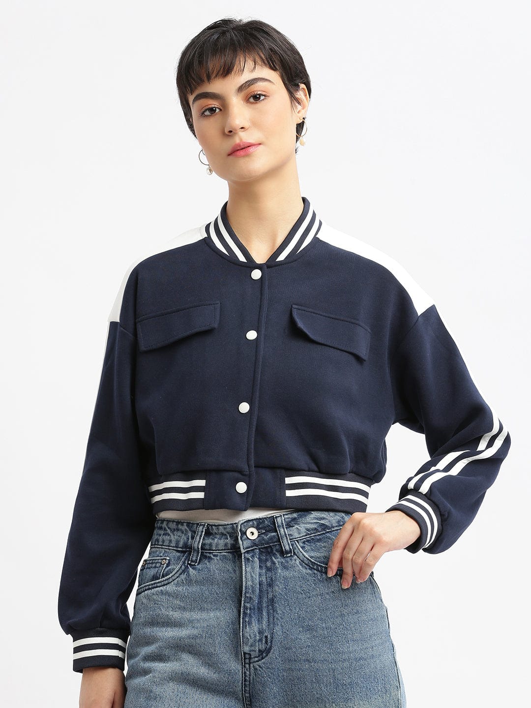 Navy Blue Striped Windcheater Crop Quilted Jacket