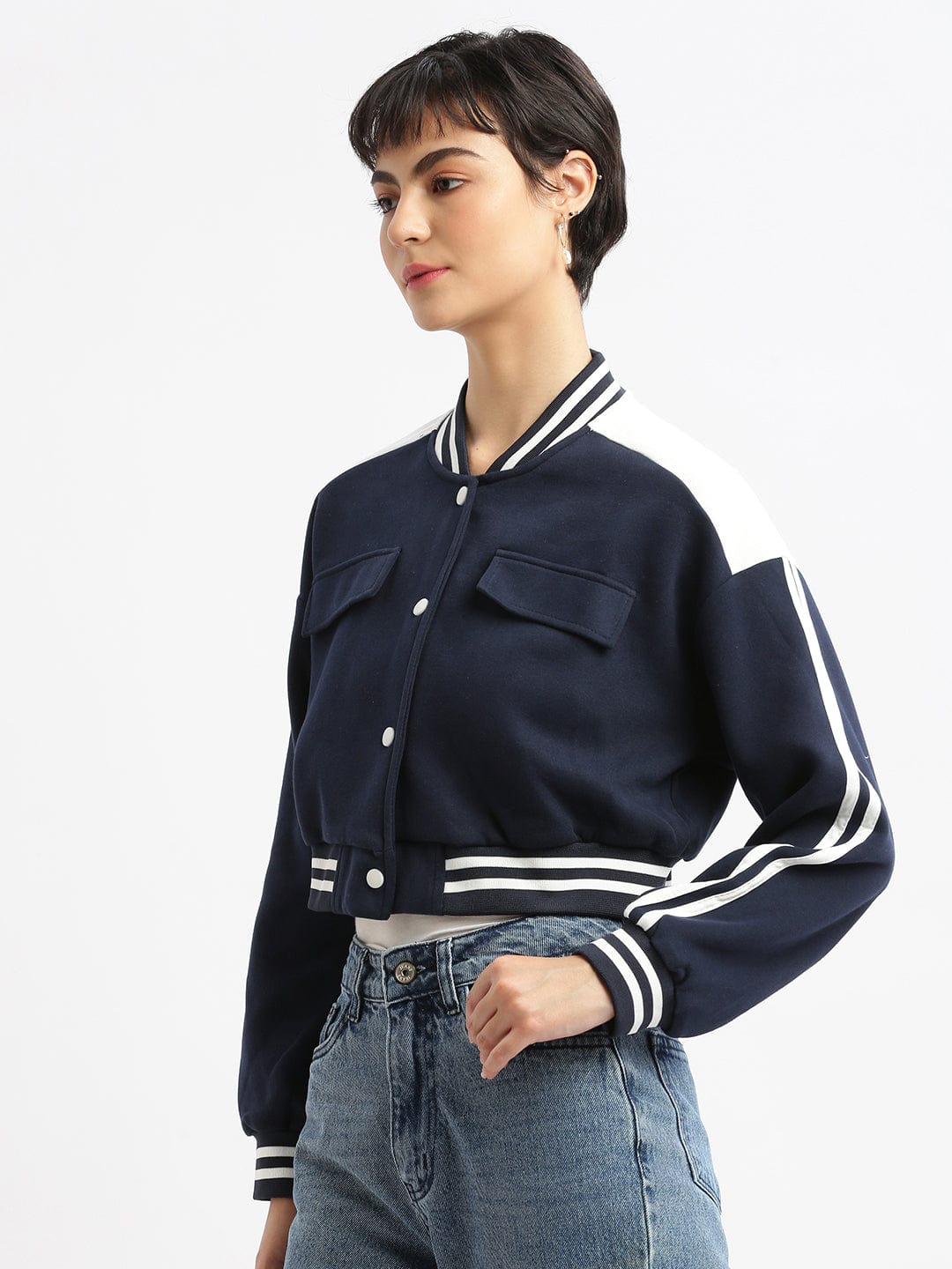 Navy Blue Striped Windcheater Crop Quilted Jacket