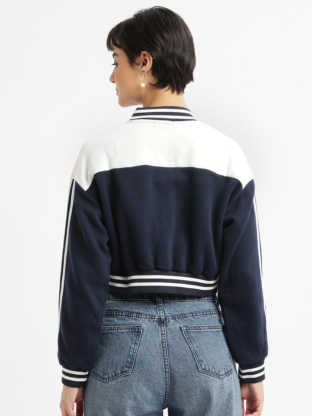 Navy Blue Striped Windcheater Crop Quilted Jacket