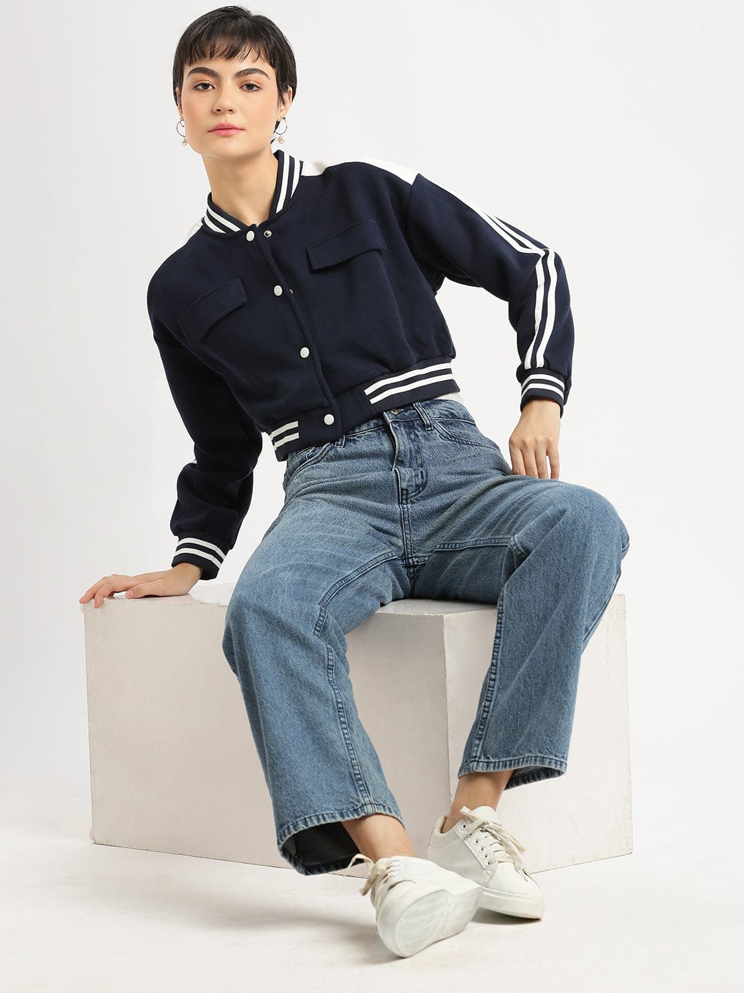 Navy Blue Striped Windcheater Crop Quilted Jacket