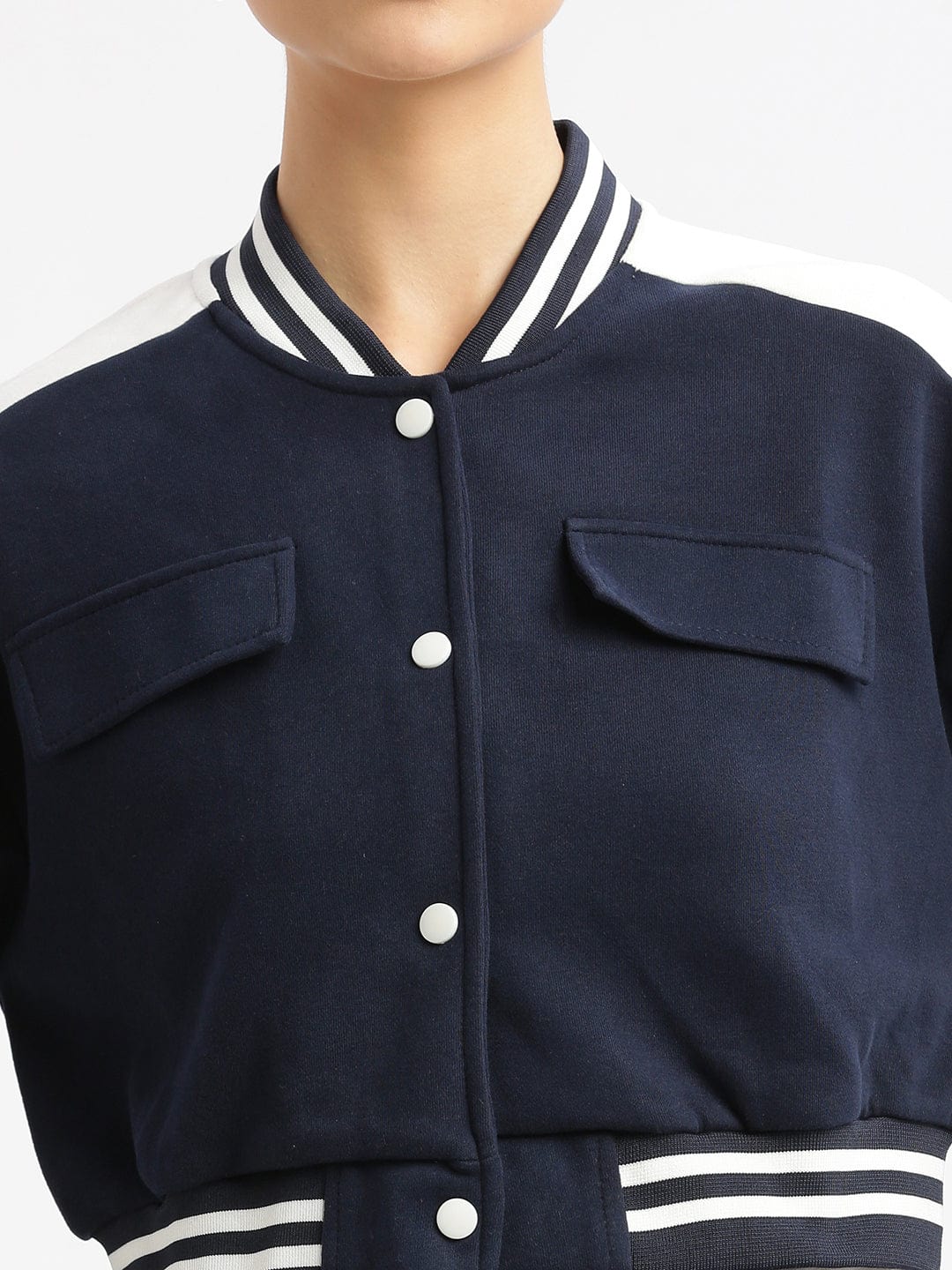 Navy Blue Striped Windcheater Crop Quilted Jacket