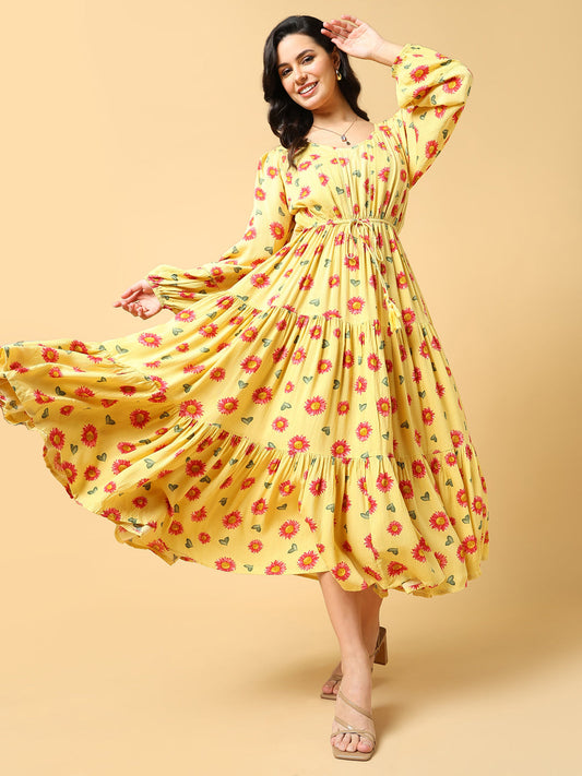 Yellow Floral Print Puff Sleeve Crepe Fit & Flare Midi Dress