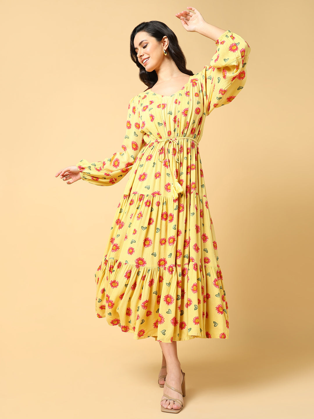 Yellow Floral Print Puff Sleeve Crepe Fit & Flare Midi Dress