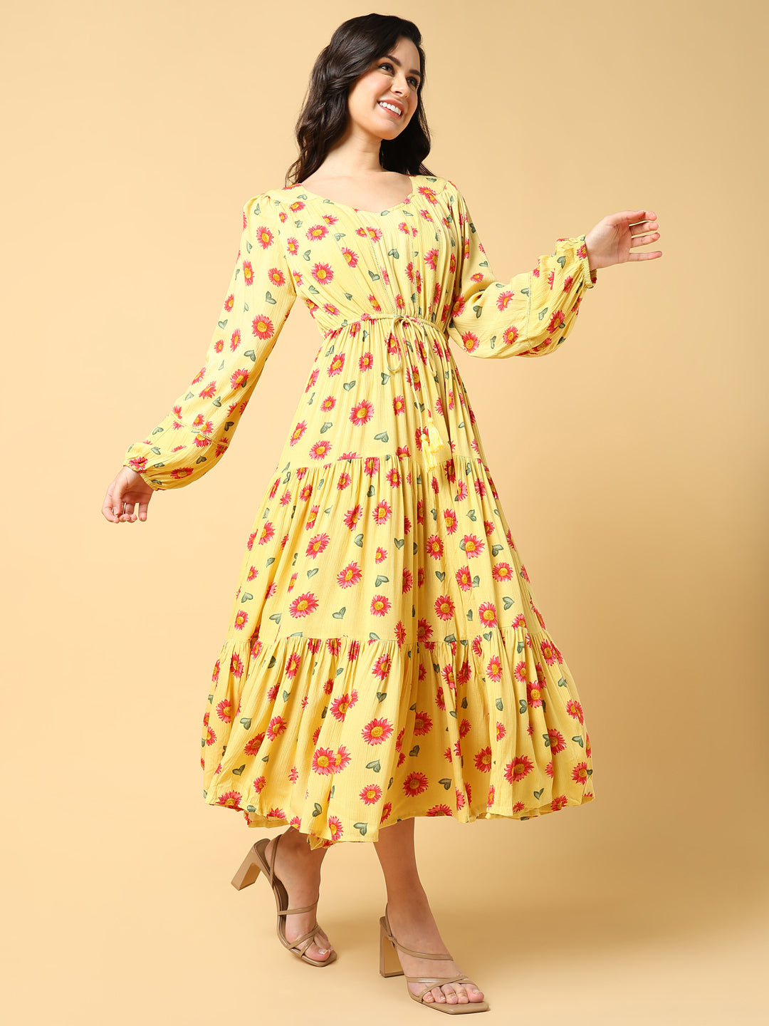 Yellow Floral Print Puff Sleeve Crepe Fit & Flare Midi Dress