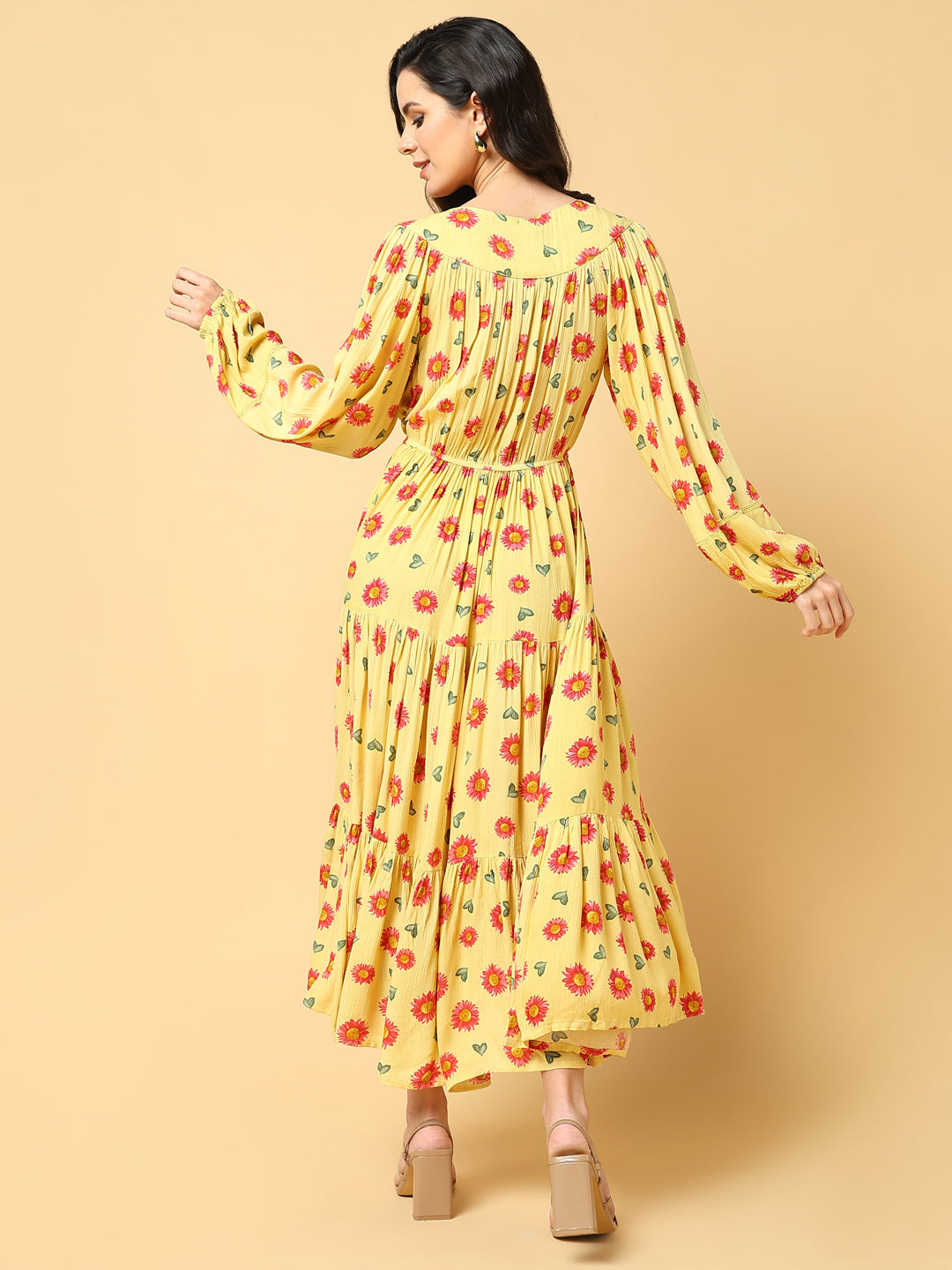 Yellow Floral Print Puff Sleeve Crepe Fit & Flare Midi Dress