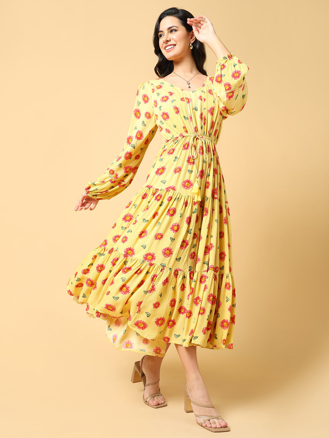 Yellow Floral Print Puff Sleeve Crepe Fit & Flare Midi Dress