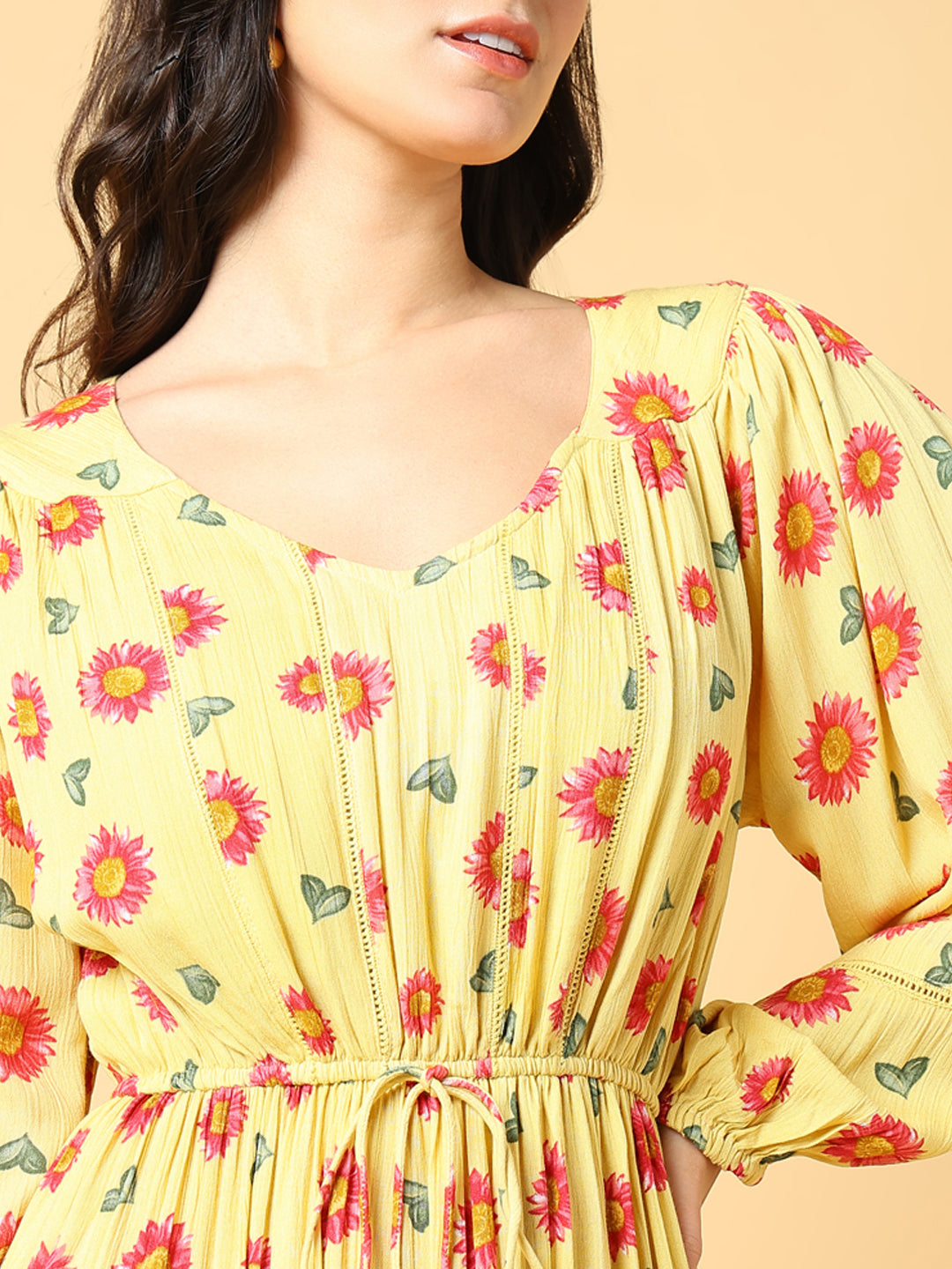 Yellow Floral Print Puff Sleeve Crepe Fit & Flare Midi Dress
