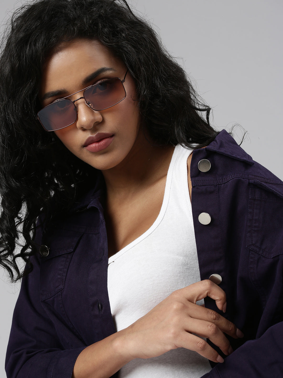 Violet Spread Collar Crop Denim Jacket