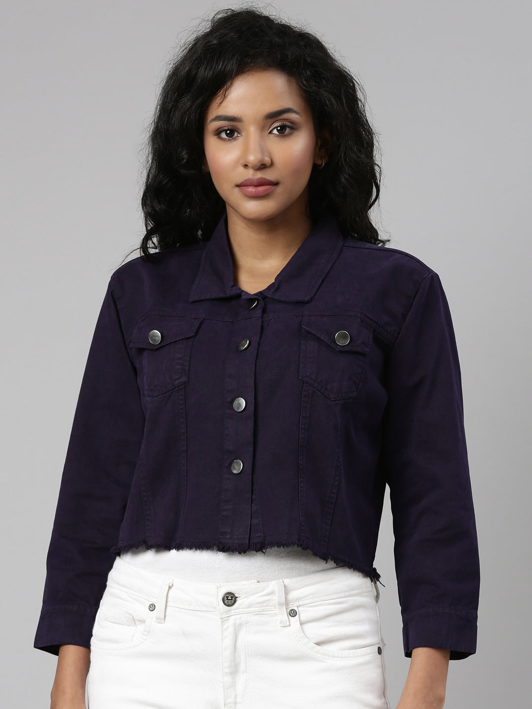 Violet Spread Collar Crop Denim Jacket