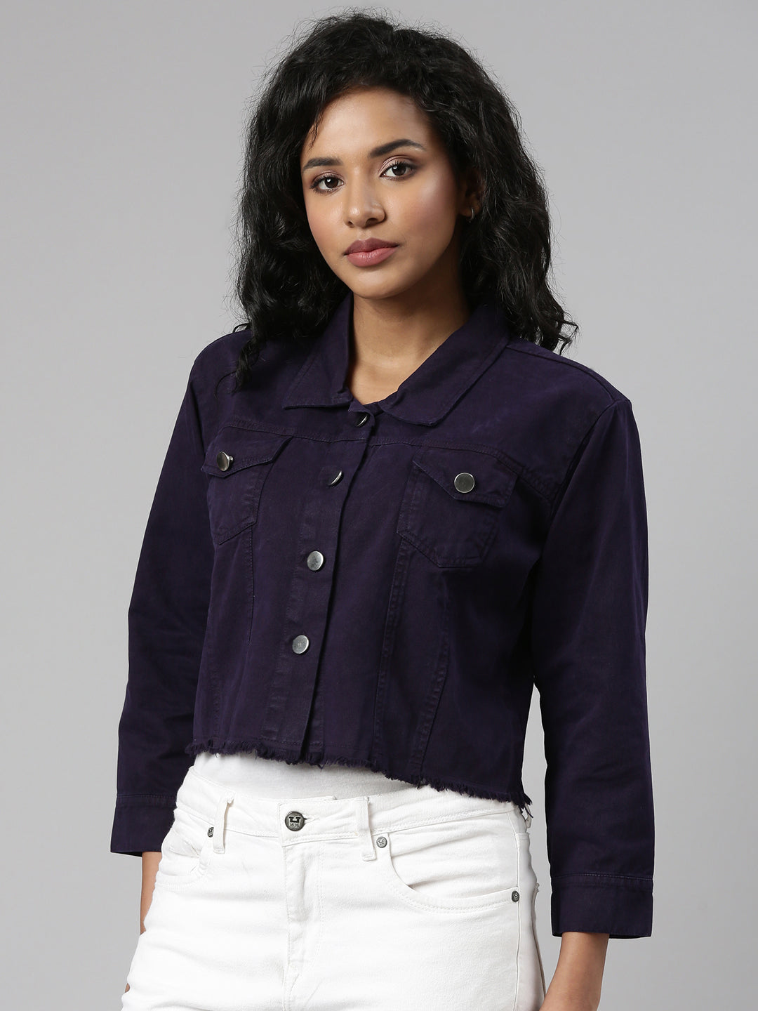 Violet Spread Collar Crop Denim Jacket