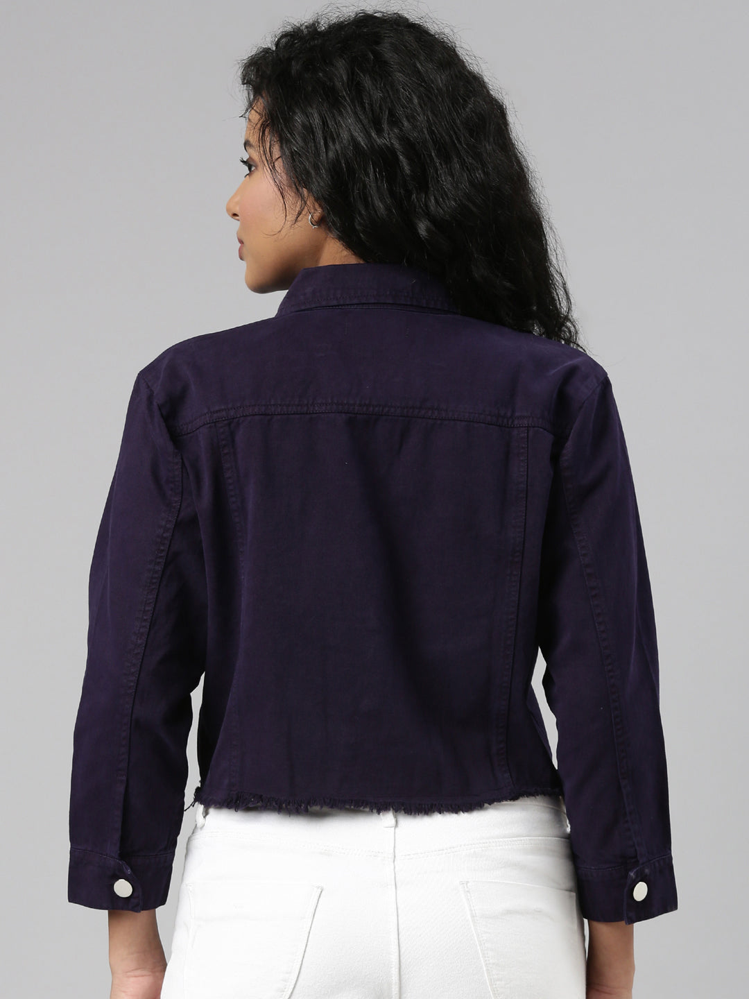 Violet Spread Collar Crop Denim Jacket