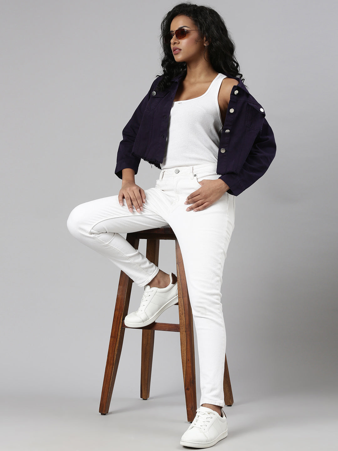 Violet Spread Collar Crop Denim Jacket